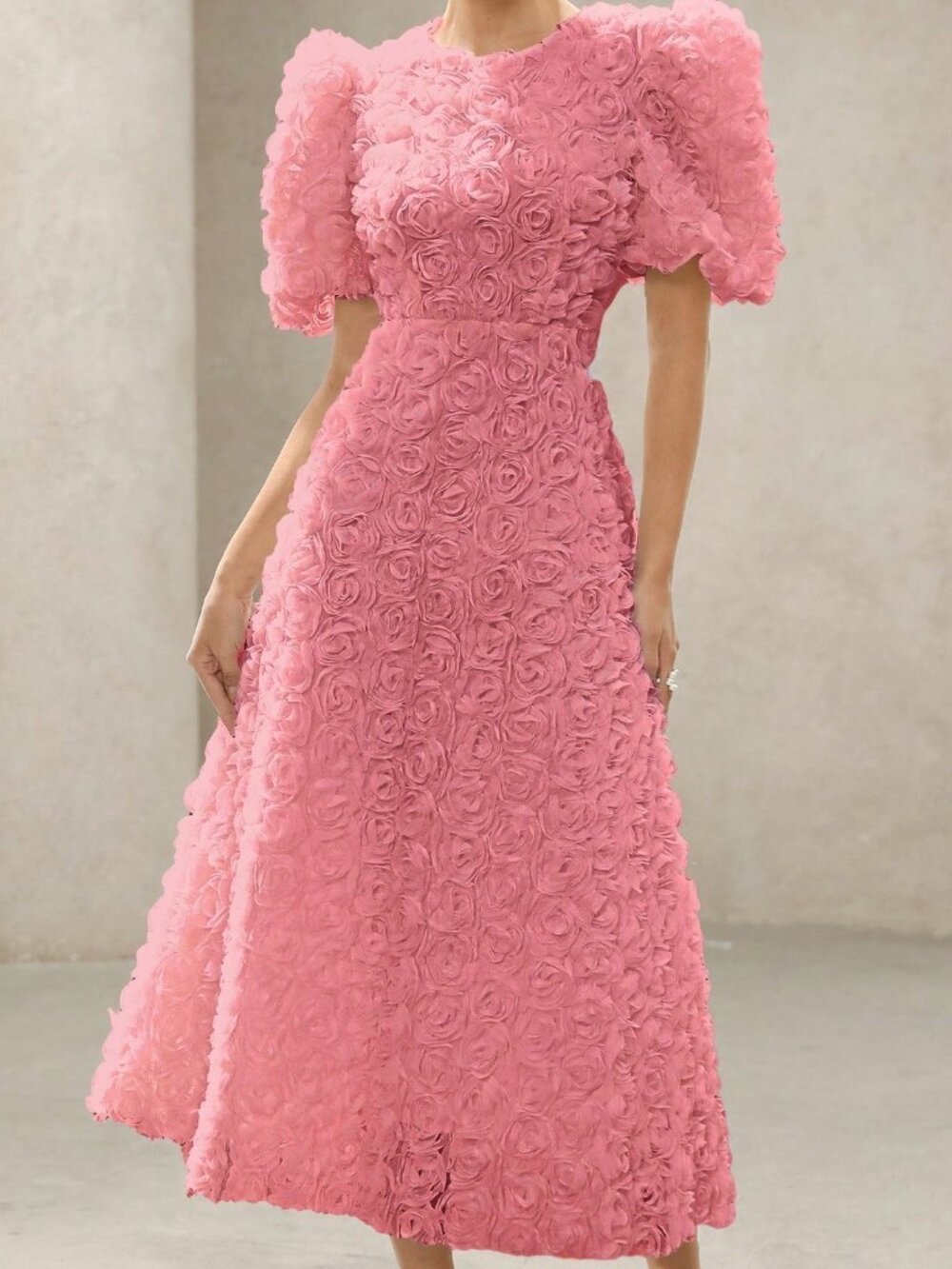 Pink Elegant Women's 3D Rose V-Neck Puff Sleeve Waist-Fitted Extra Long Dress - Picture 6 of 6